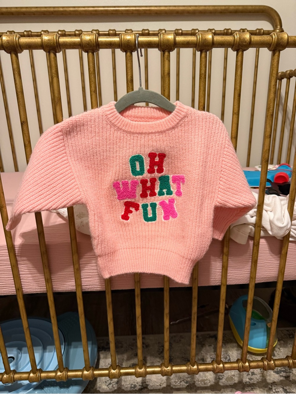 Girls Pink 'Oh What Fun' Chenille Letter Knit Sweater